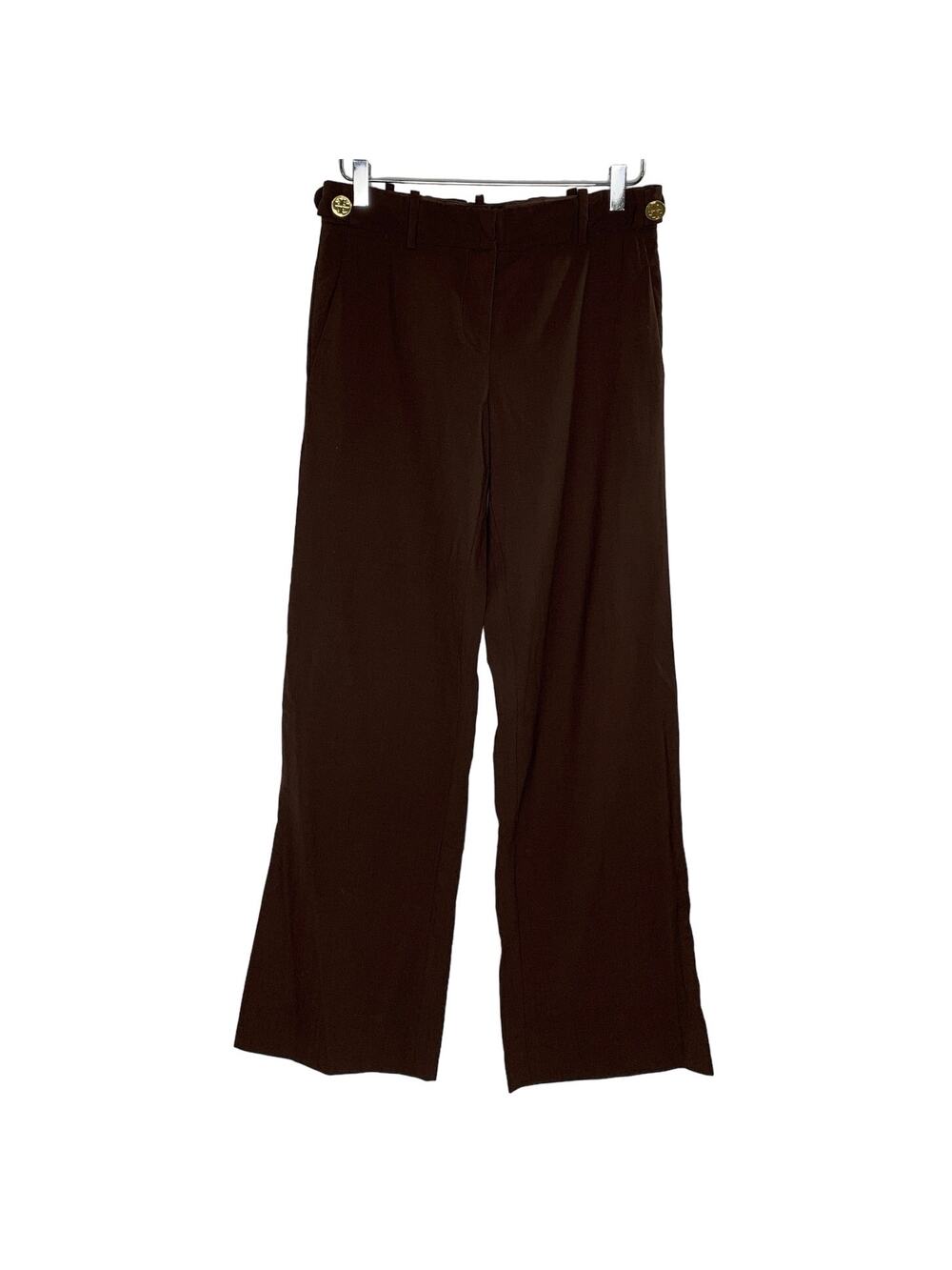 Tory Burch 4 Womens Chocolate Brown Straight Leg Trousers Logo Detail Waist